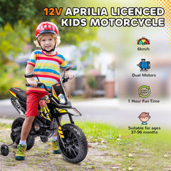 AIYAPLAY 12V Aprilia Licensed Kids Motorbike with Training Wheels, Spring Suspension, LED Headlight, USB, Music, Yellow/black