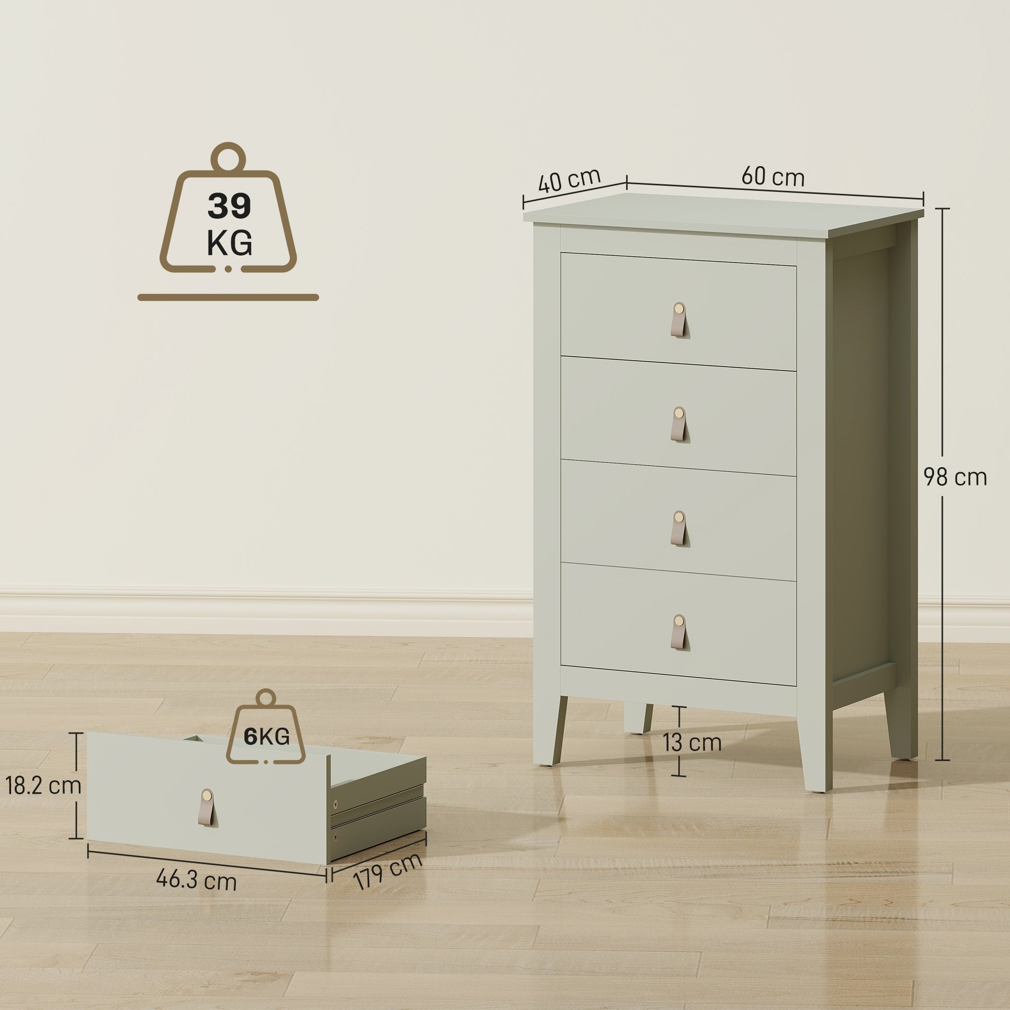 Bedroom Chest of Drawers, Modern 4 Drawer Dresser Cabinet with PU Leather Handles and Metal Runners for Living Room, Hallway, Entryway, Green