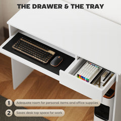100cm Compact Computer Desk with Keyboard Tray, Home Office Desk with Drawer for Bedroom Study, White