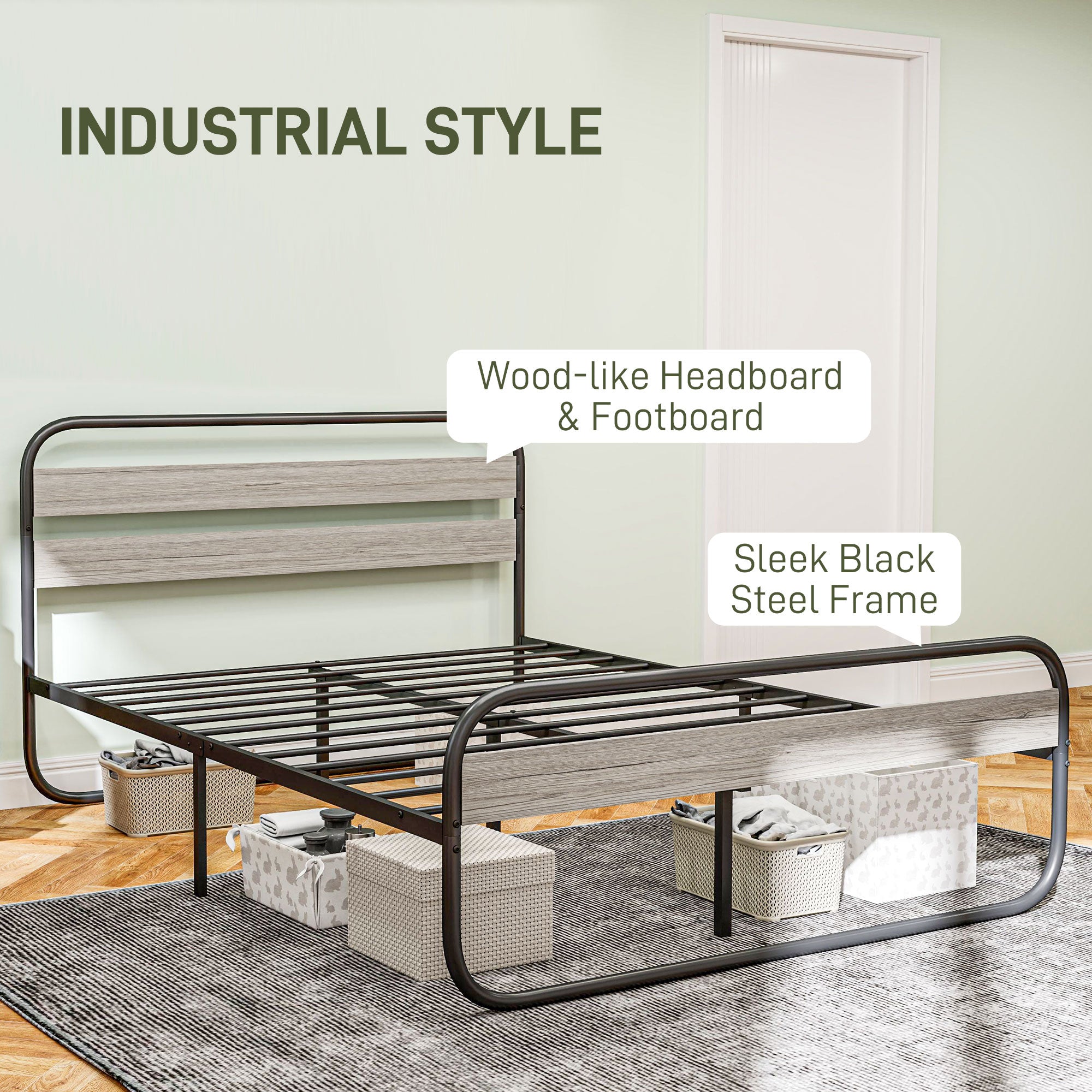4ft6 Double Bed Frame, Industrial Style Metal Platform Bed Frame with Under Bed Storage, No Box Spring Needed, Easy Assembly, Grey