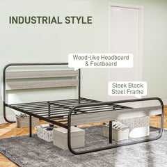 4ft6 Double Bed Frame, Industrial Style Metal Platform Bed Frame with Under Bed Storage, No Box Spring Needed, Easy Assembly, Grey