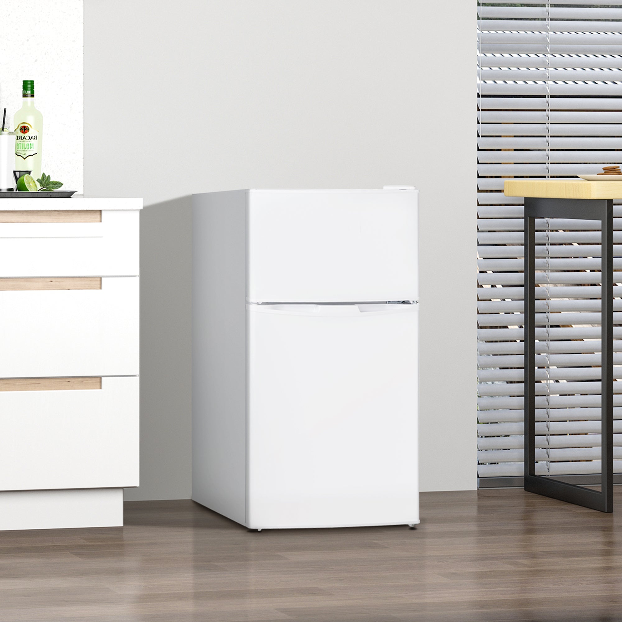 Fynco - 88L Under Counter Fridge Freezer, Small Refrigerator with 5-Setting, 3 Star Freezer Rating, White