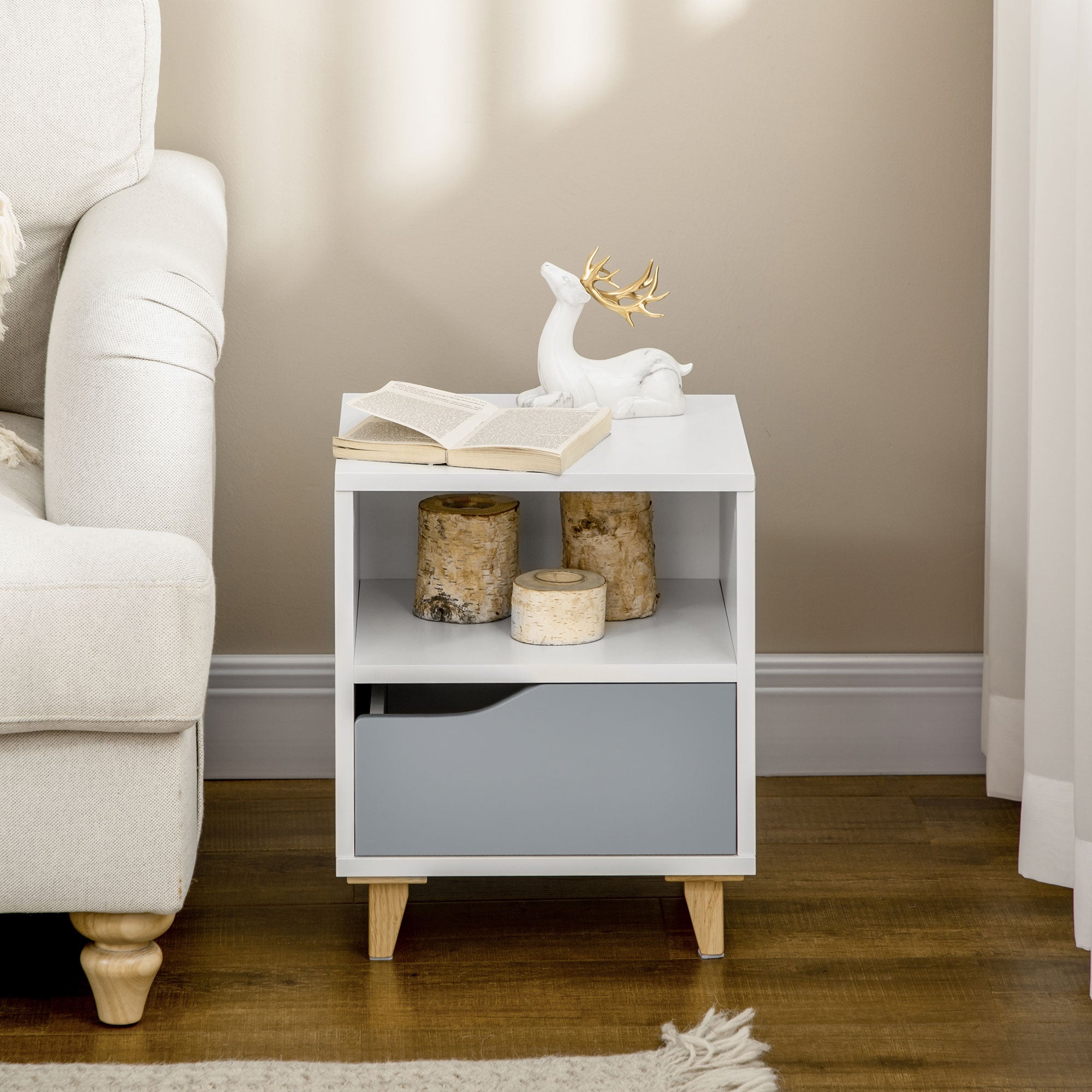 Set of 2 Modern Bedside Tables with Shelves, Drawers and Wood Legs, 36.8cm x 33cm x 43.8cm, White and Grey