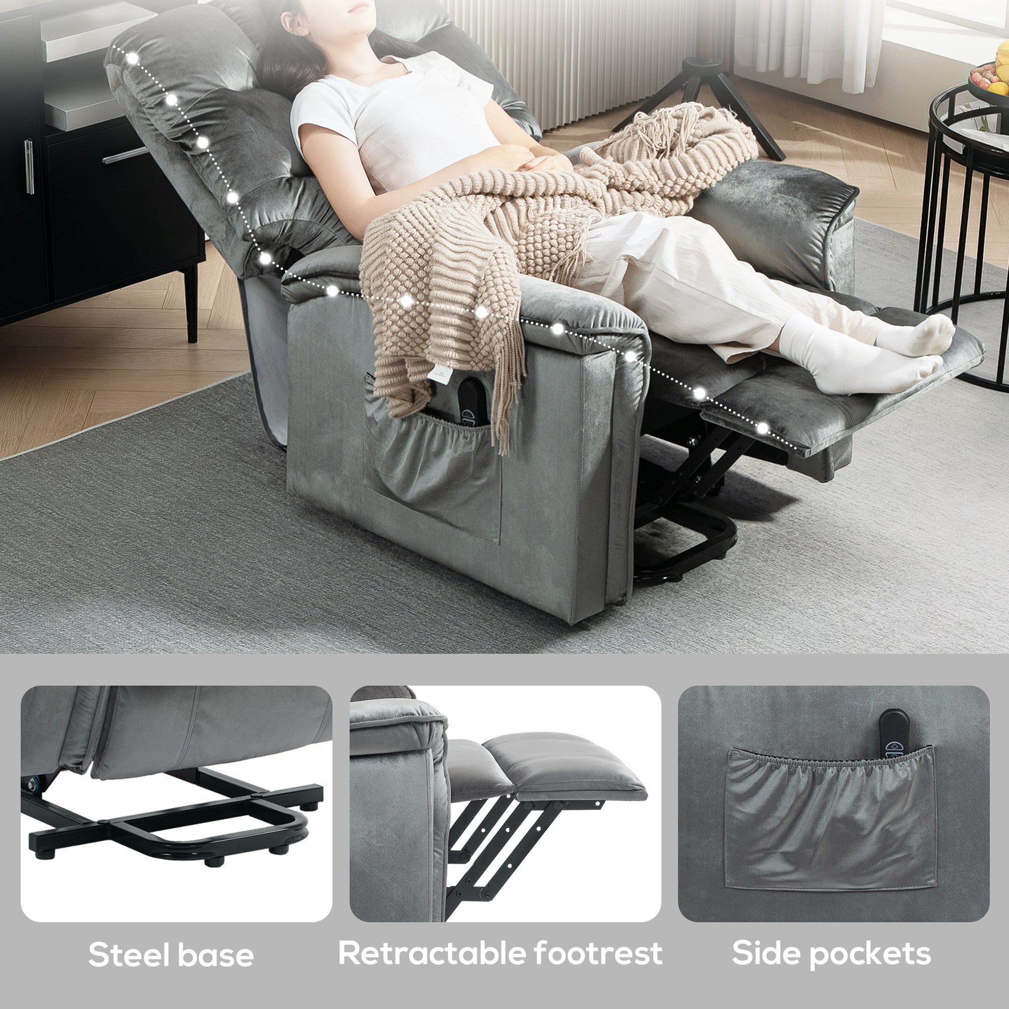 Velvet-Feel Electric Lift Recliner Chair - Dark Grey