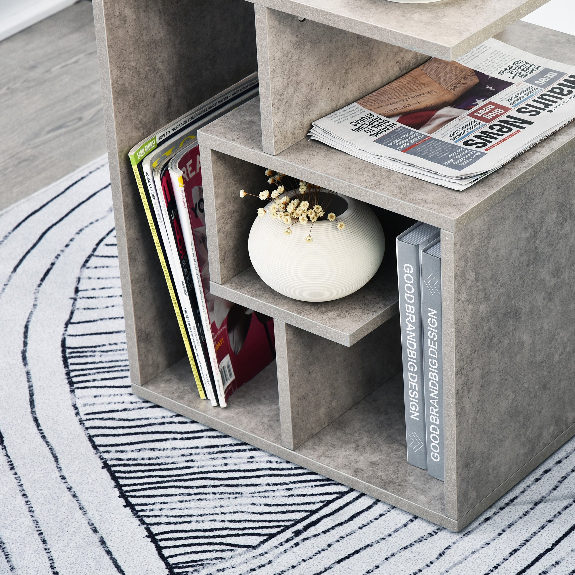 Side Table, 3 Tier End Table with Open Storage Shelves for Living Room, Bedroom, Set of 2, Cement Colour