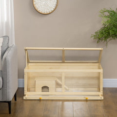 Wooden Hamster Cage with Sliding Tray, Openable Top, Hut for Syrian Hamster, Natural Wood Finish