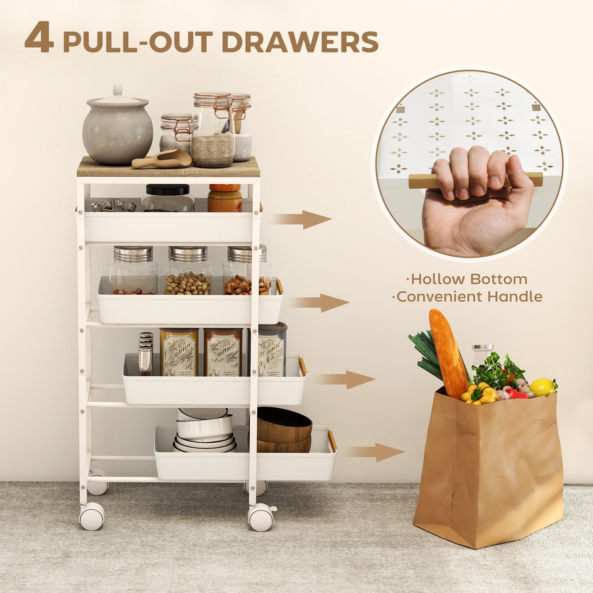 5-Tier Storage Trolley on Wheels - White