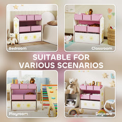 AIYAPLAY Kids Toy Storage Units, 3-Tier Toy Organiser Shelf with 6 Removable Boxes for Kids, Bedroom, Playroom, Pink