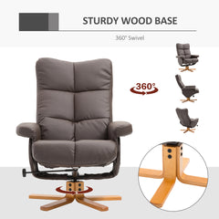 Recliner Armchair, Swivel Reclining Chair With Ottoman, Swivel Faux Leather Chair with Wooden Base and Storage Footstool for Living Room, Brown