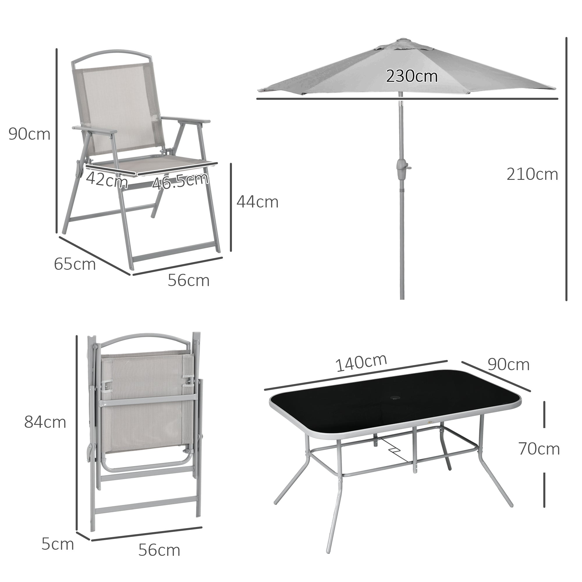 Eight-Piece Garden Dining Set, with Chairs, Table and Parasol - Grey