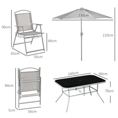 Eight-Piece Garden Dining Set, with Chairs, Table and Parasol - Grey