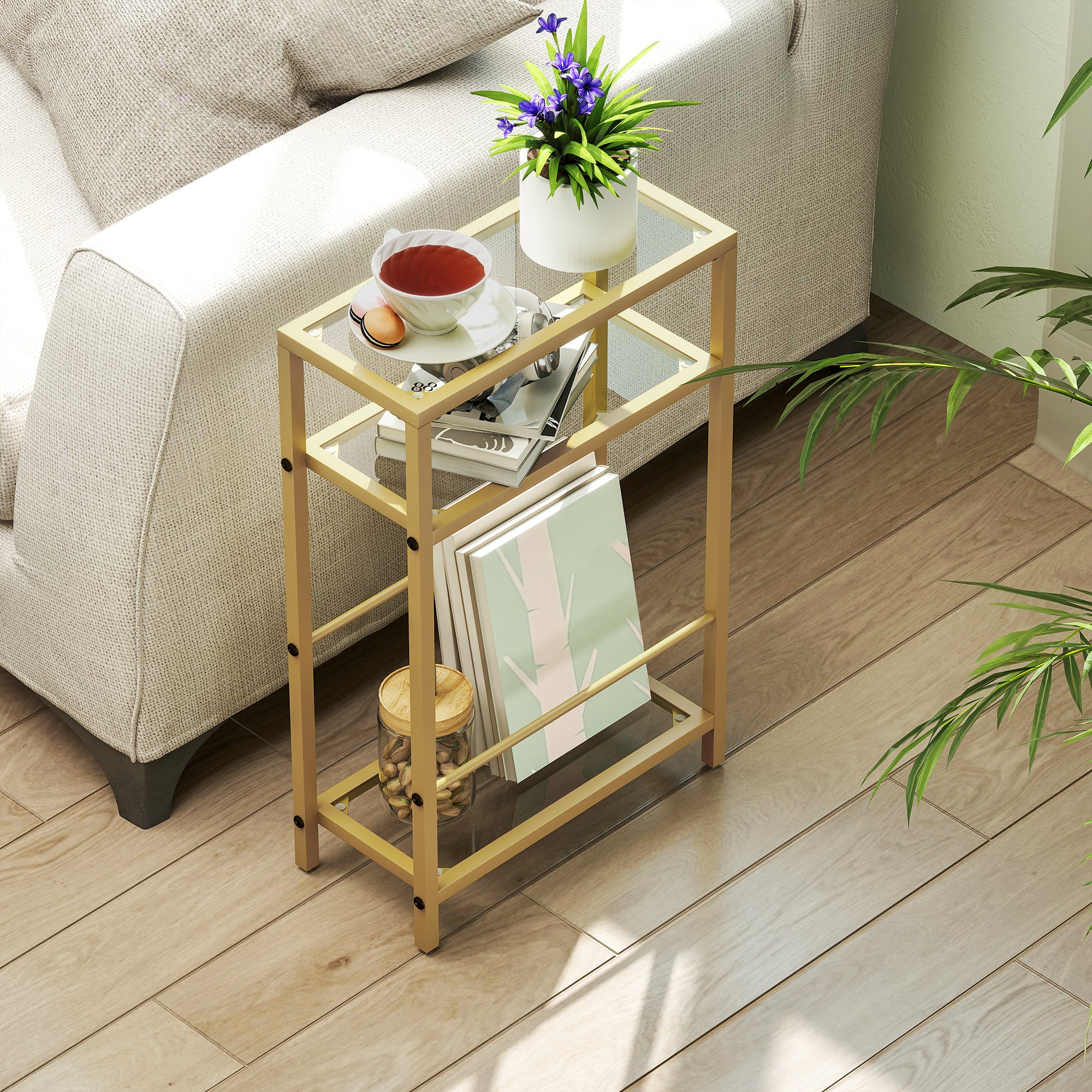 3-Tier Side Table, Narrow End Table with Storage Shelf and Tempered Glass Tabletop for Small Spaces, Bedroom, Living Room, Entryway, Gold Tone