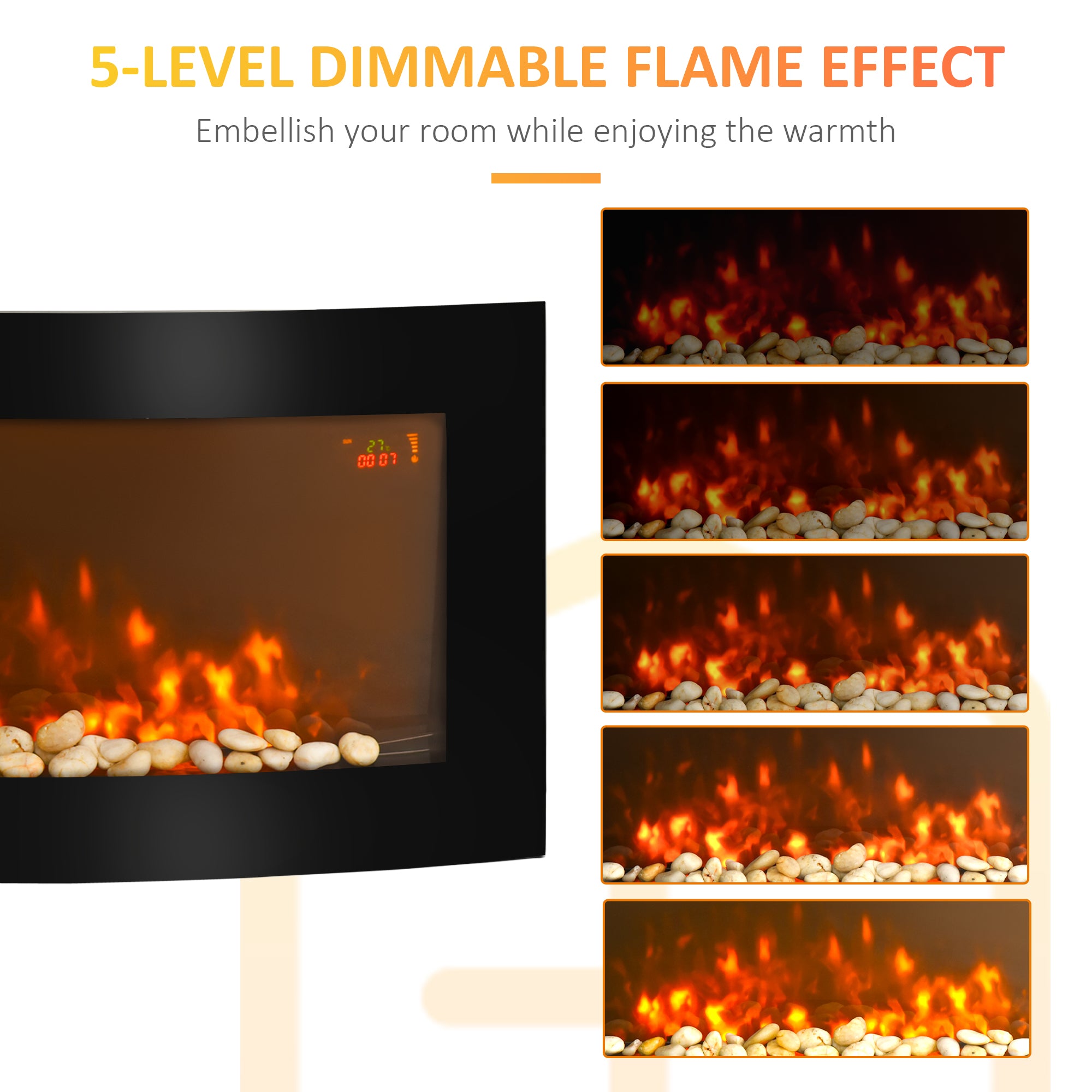 Fynco - Led Wall Mounted Fireplace Curved Glass Electric Fire Place Fire Place 7 Colour Side Lights Slimline, 1000/2000W, 89.2cm x 48cm