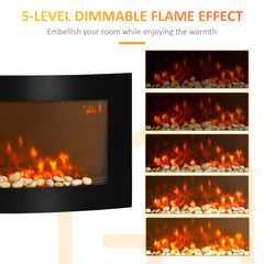 Fynco - Led Wall Mounted Fireplace Curved Glass Electric Fire Place Fire Place 7 Colour Side Lights Slimline, 1000/2000W, 89.2cm x 48cm