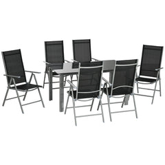 7 Piece Garden Dining Set, Outdoor Table and 6 Folding and Reclining Chairs, Aluminium Frame, Tempered Glass Top Table, Texteline Seats, Black