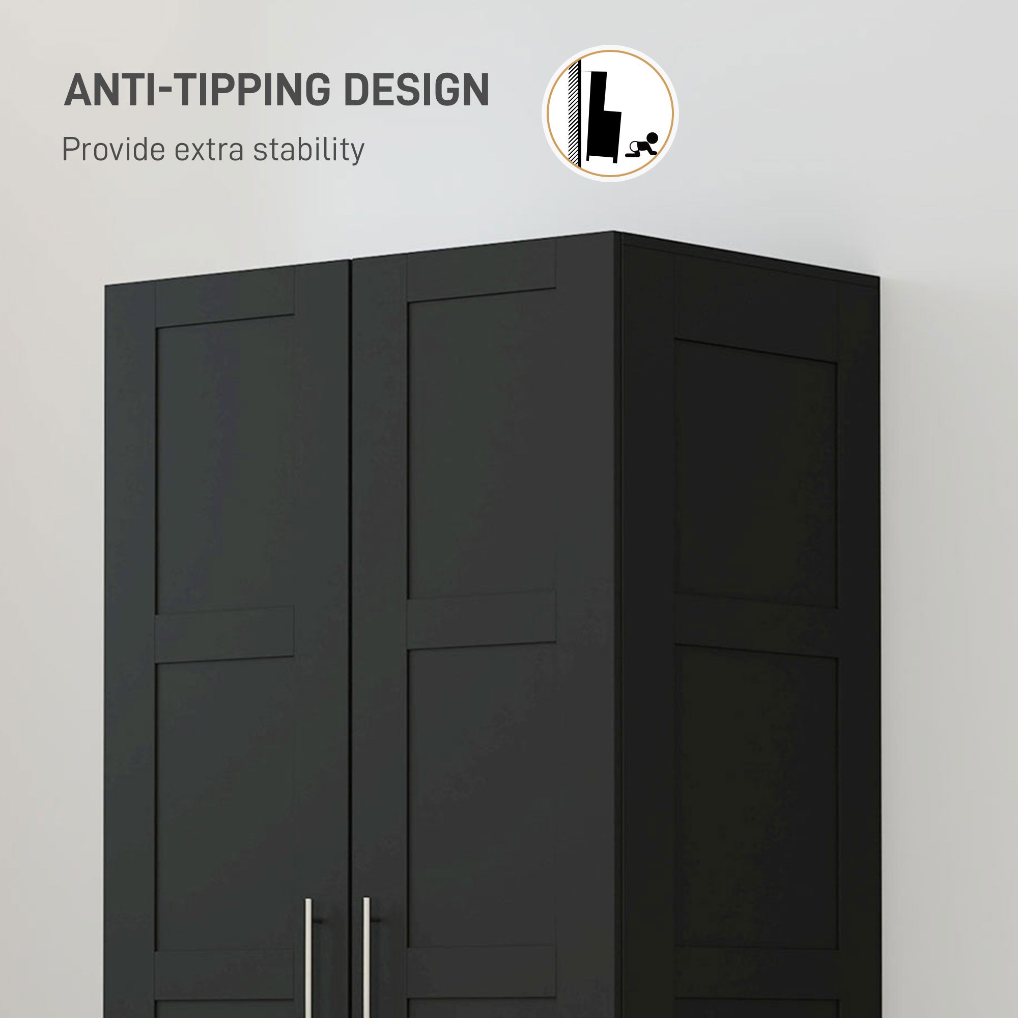 Double Panel Door Wardrobe, with Shelves - Black