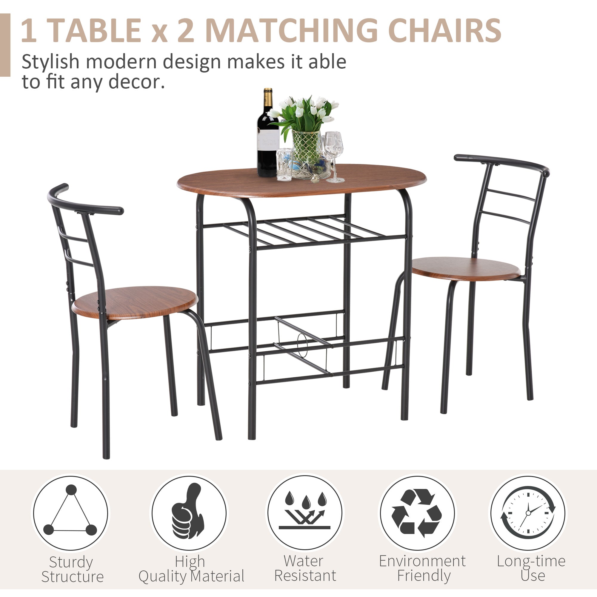 3-Piece Dining Table Set , Metal Frame Wood Top Breakfast Bar Table Set for 2, Dining Table w/Storage Shelf & 2 chairs
