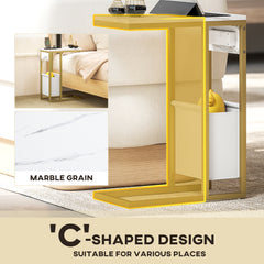 C Shaped Side Table with Charging Station and Faux Marble Top - White