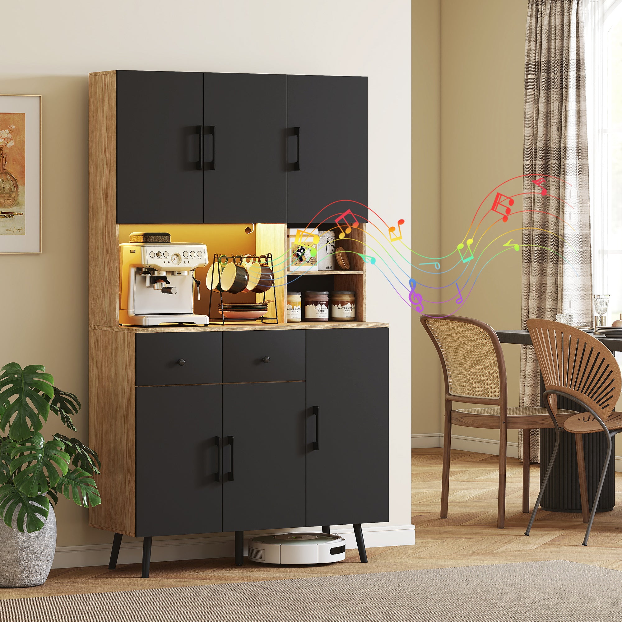 176 cm Kitchen Cupboard with LED Lights - Oak and Black