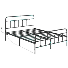 King Bed Frame with LED Lights and Charging Station, Metal Platform Bed Frame with Under Bed Storage, Black