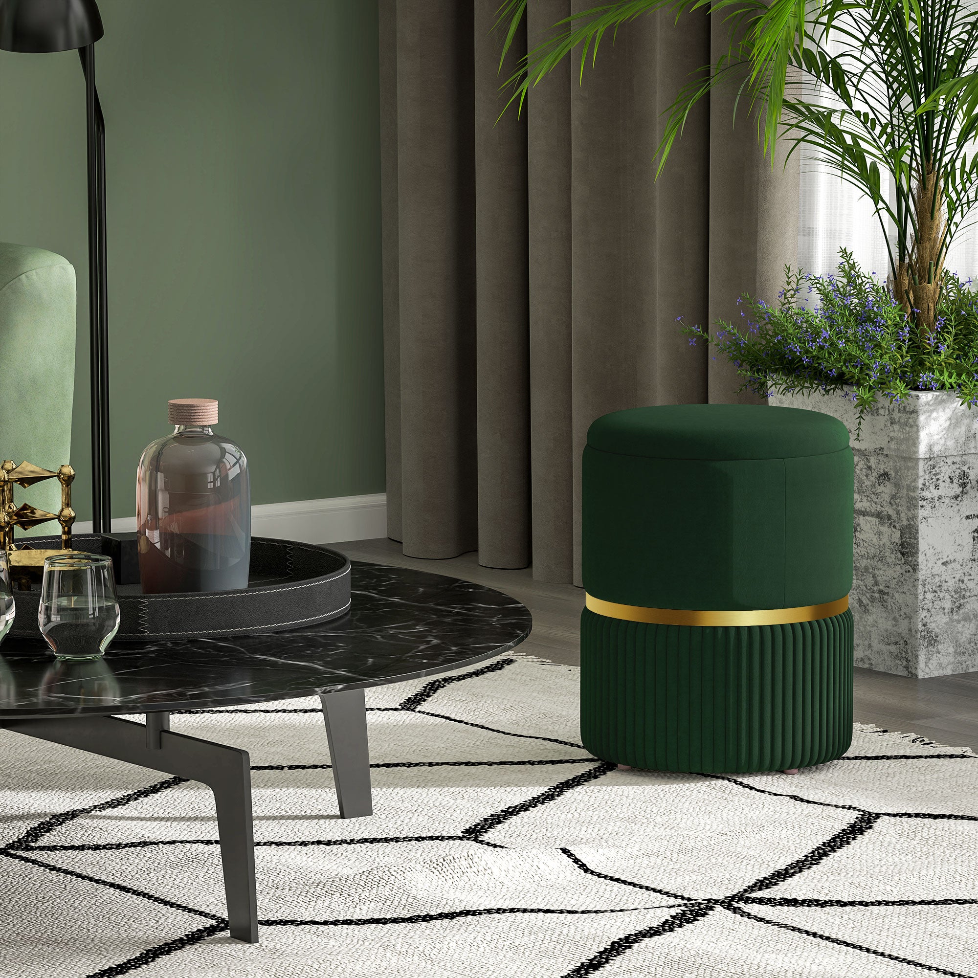 Velvet-Feel Storage Ottoman - Green