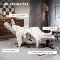 Linen Swivel Recliner Chair with Footstool, Upholstered Reclining Armchair with Wooden Base for Living Room, Light Grey