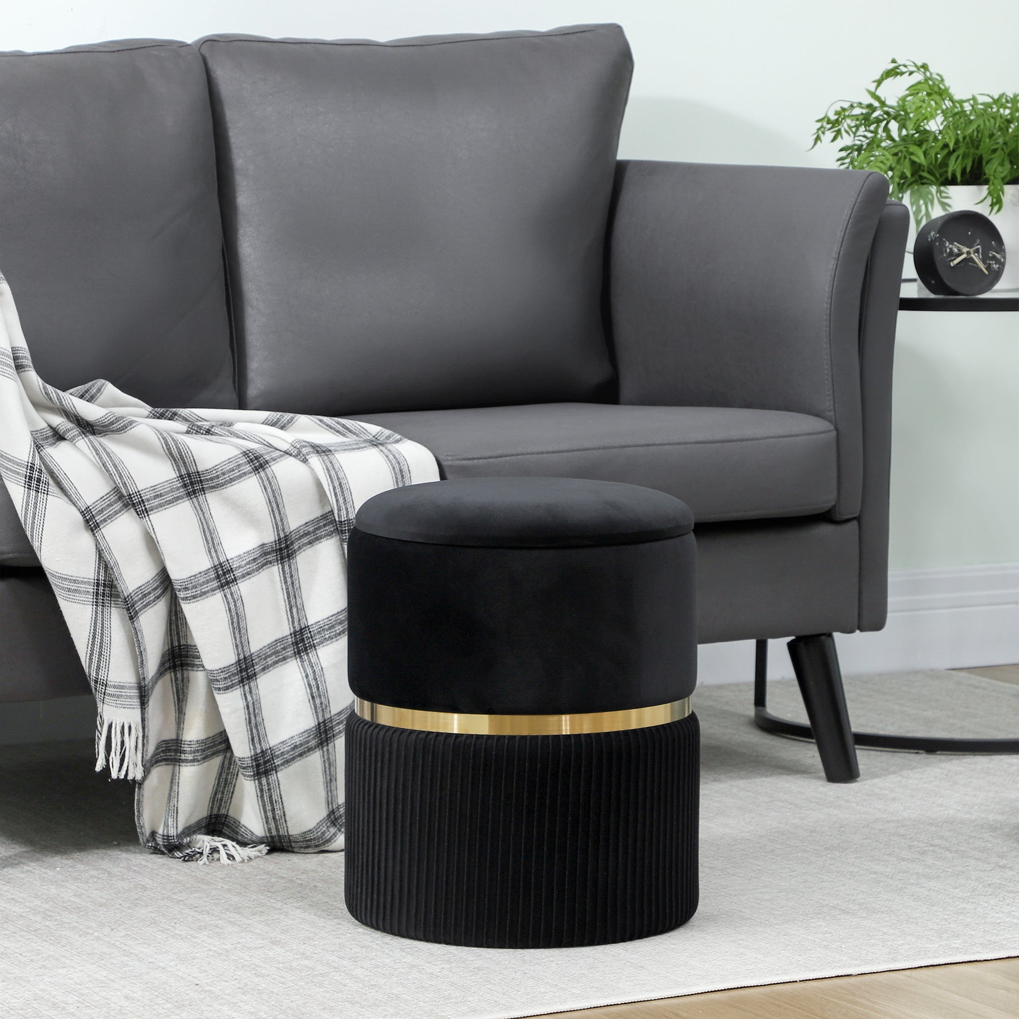 Fynco - Velvet-Feel Storage Ottoman - Black