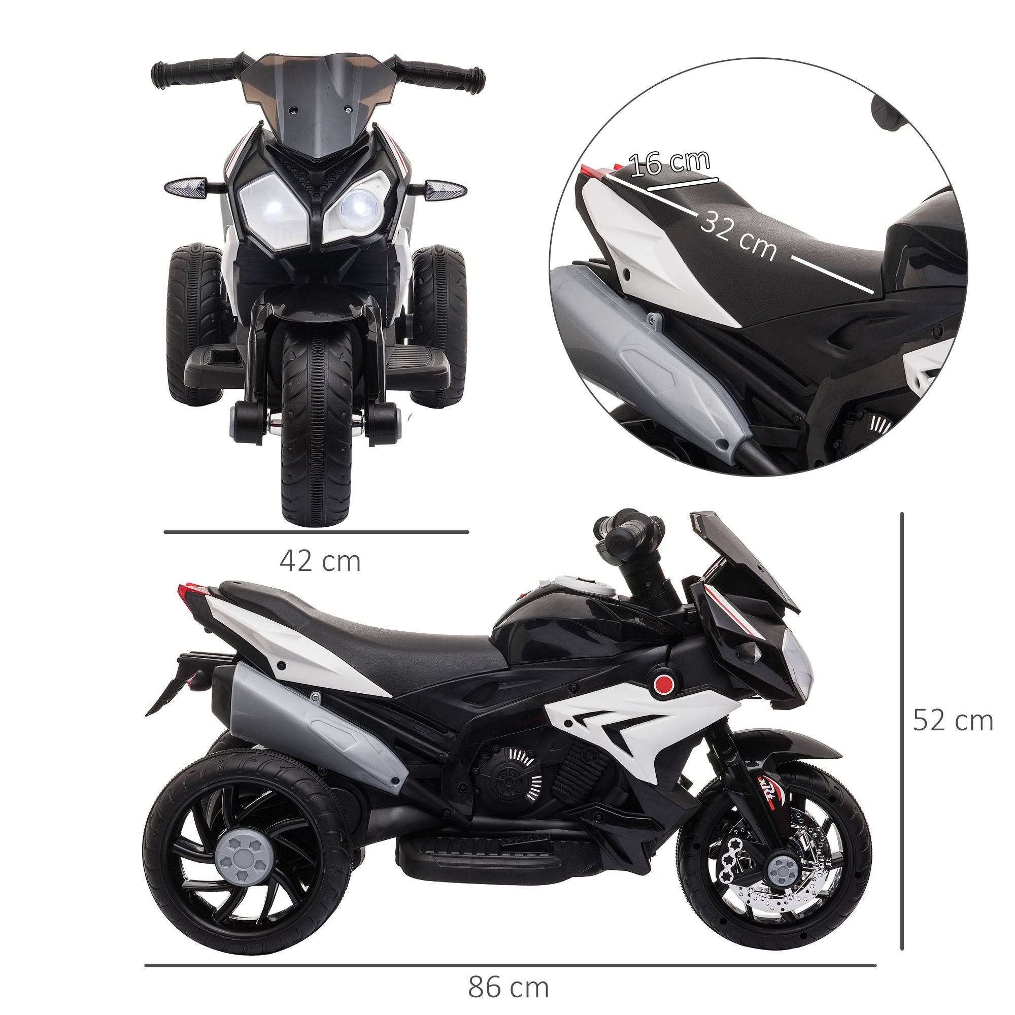Kids Electric Motorcycle Ride-On Toy, with Three Wheels, Music, Horn, Lights