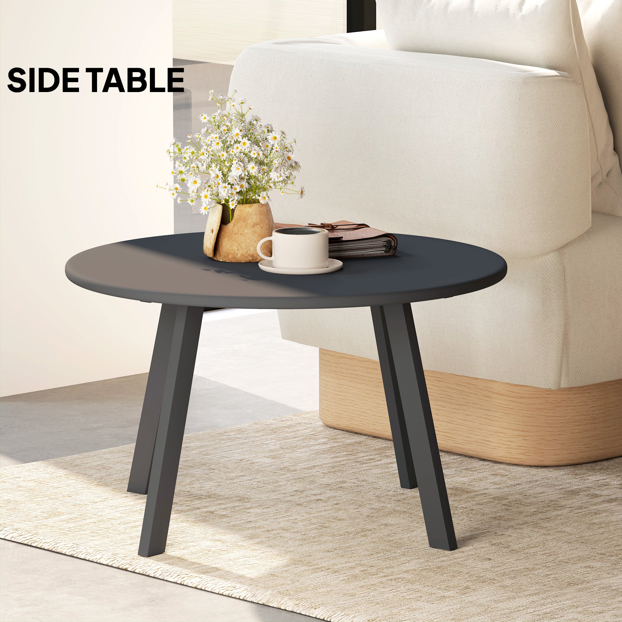 70cm Round Coffee Table, Outdoor Garden Table with Non-Slip Foot Pads and Metal Frame for Garden, Terrace, Balcony, Living Room, Black