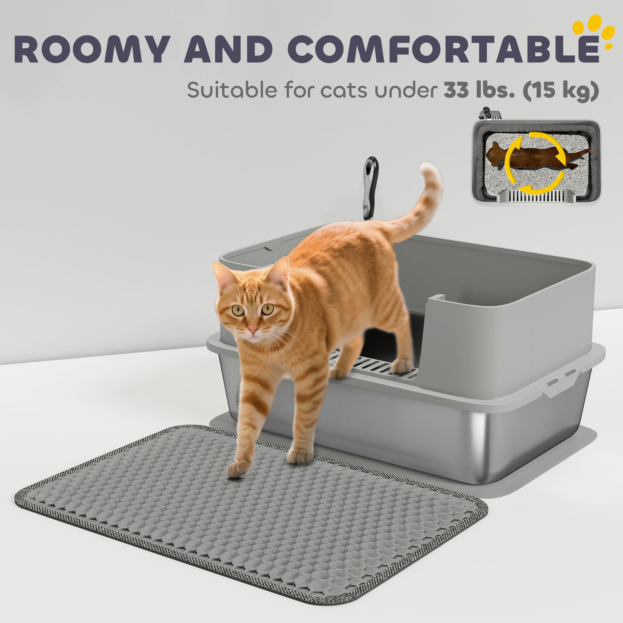 High Sided Stainless Steel Litter Box, Metal Cat Litter Tray with Metal Scoop, Litter Mat, Never Absorbs Odors, Grey