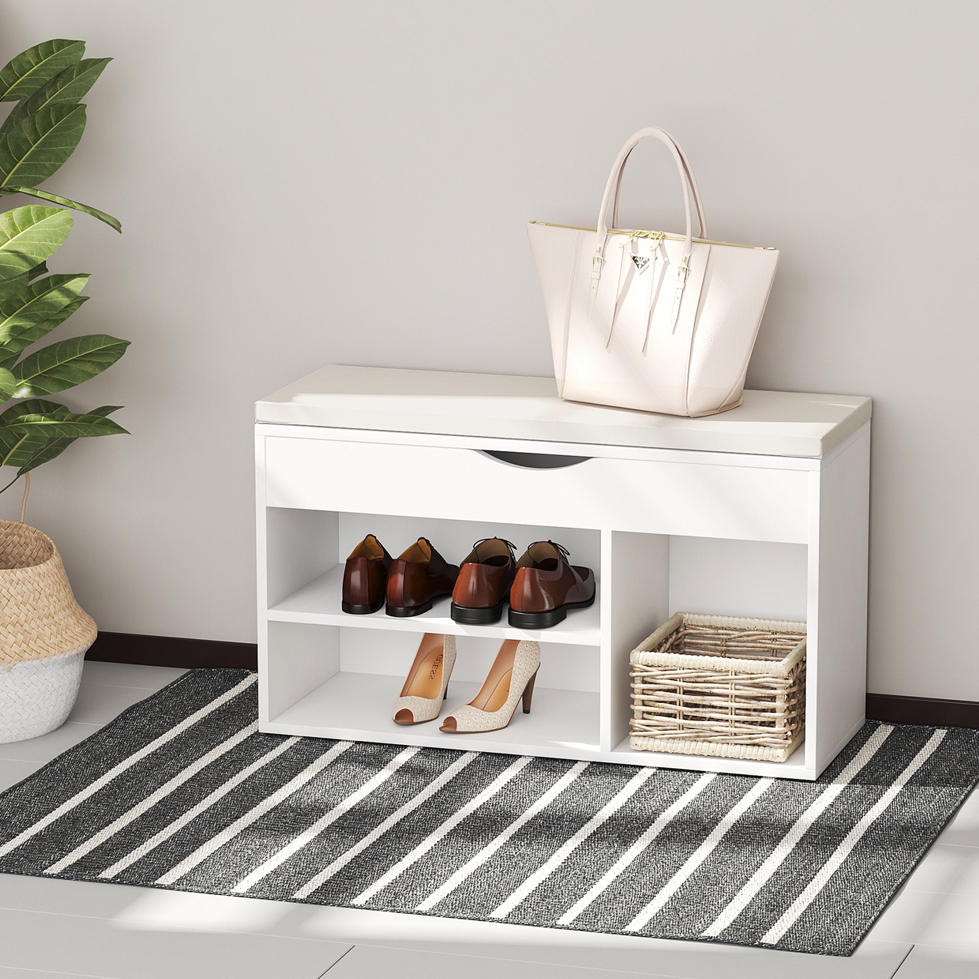 Fynco - Wooden Shoes Cabinet Bench Hidden Storage Padded Seat Organiser Footwear Rack Hallway White 80 x 30 x 47 cm