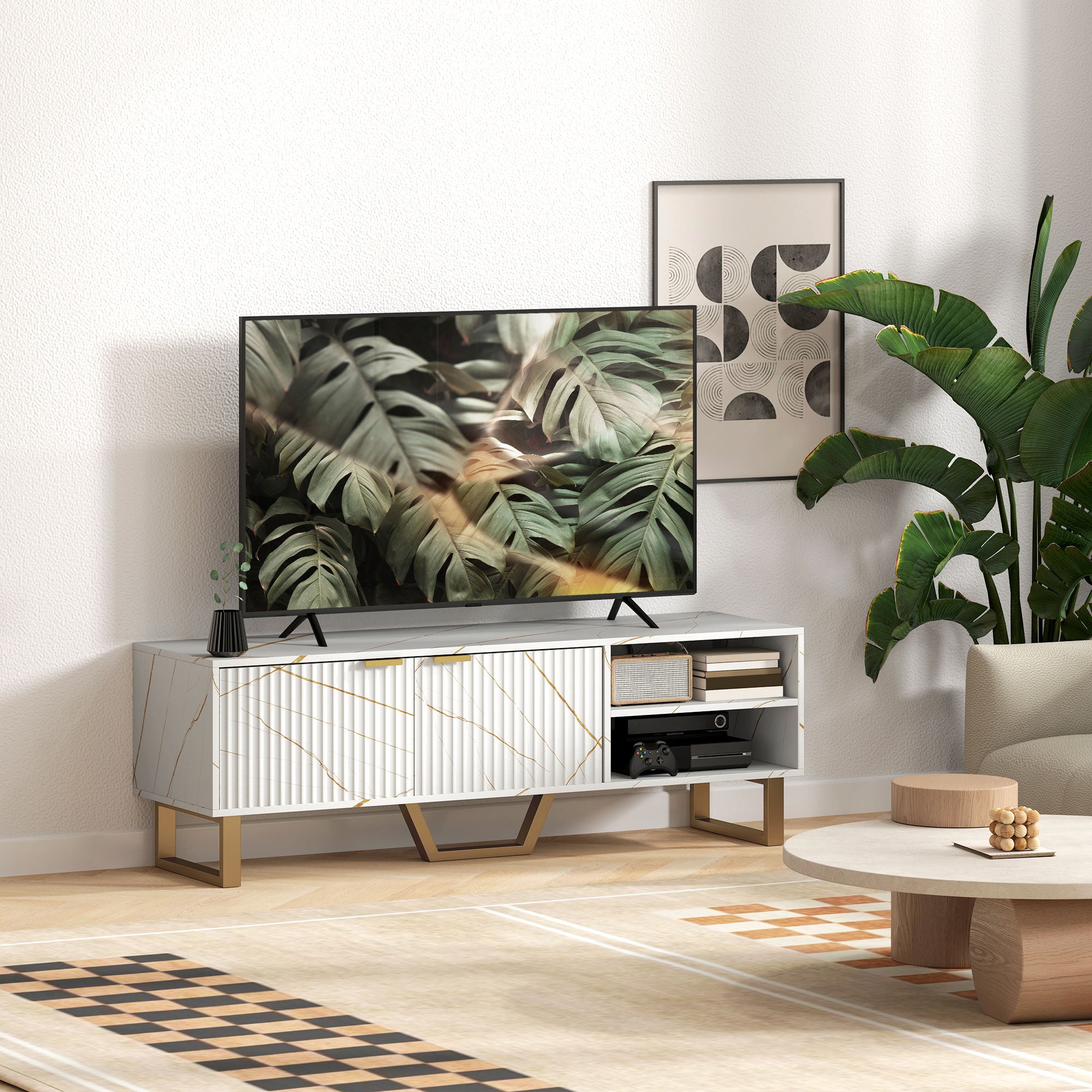 Marble Effect TV Unit, TV Stand Cabinet for up to 70" TVs, Modern TV Cabinet with Shelves and Storage Cupboard, Fluted Door, Extra Centre Leg, Cable Management for Living Room, White