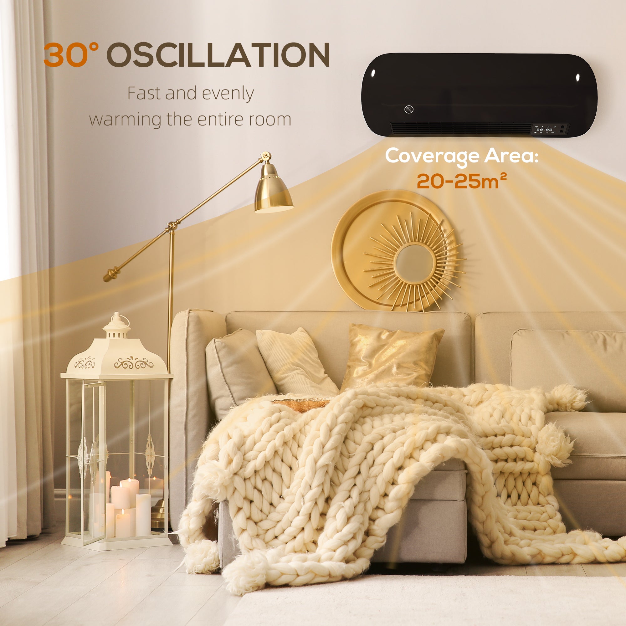 Fynco - 2000W Ceramic Electric Heater with Fan, Adjustable Thermostat, Wall Mounted - Black