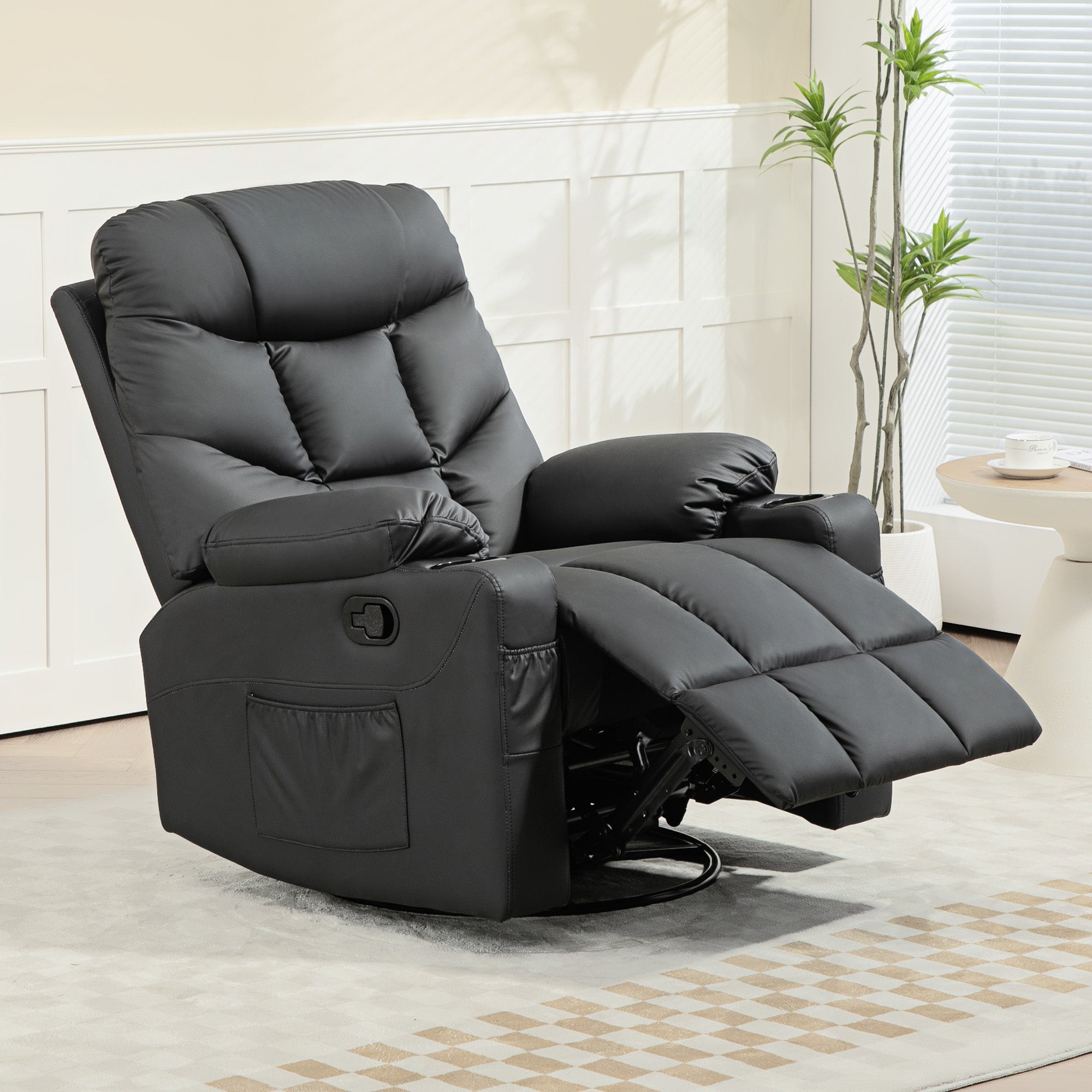 Manual Reclining Chair, Recliner Armchair with Swivel, Faux Leather, Footrest, Cup Holders, 86x93x102cm, Black