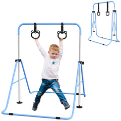 Adjustable Height, Foldable Kids Gymnastics Bar w/ Non-slip Rubber Floor Rings, for 3+ Years, Blue