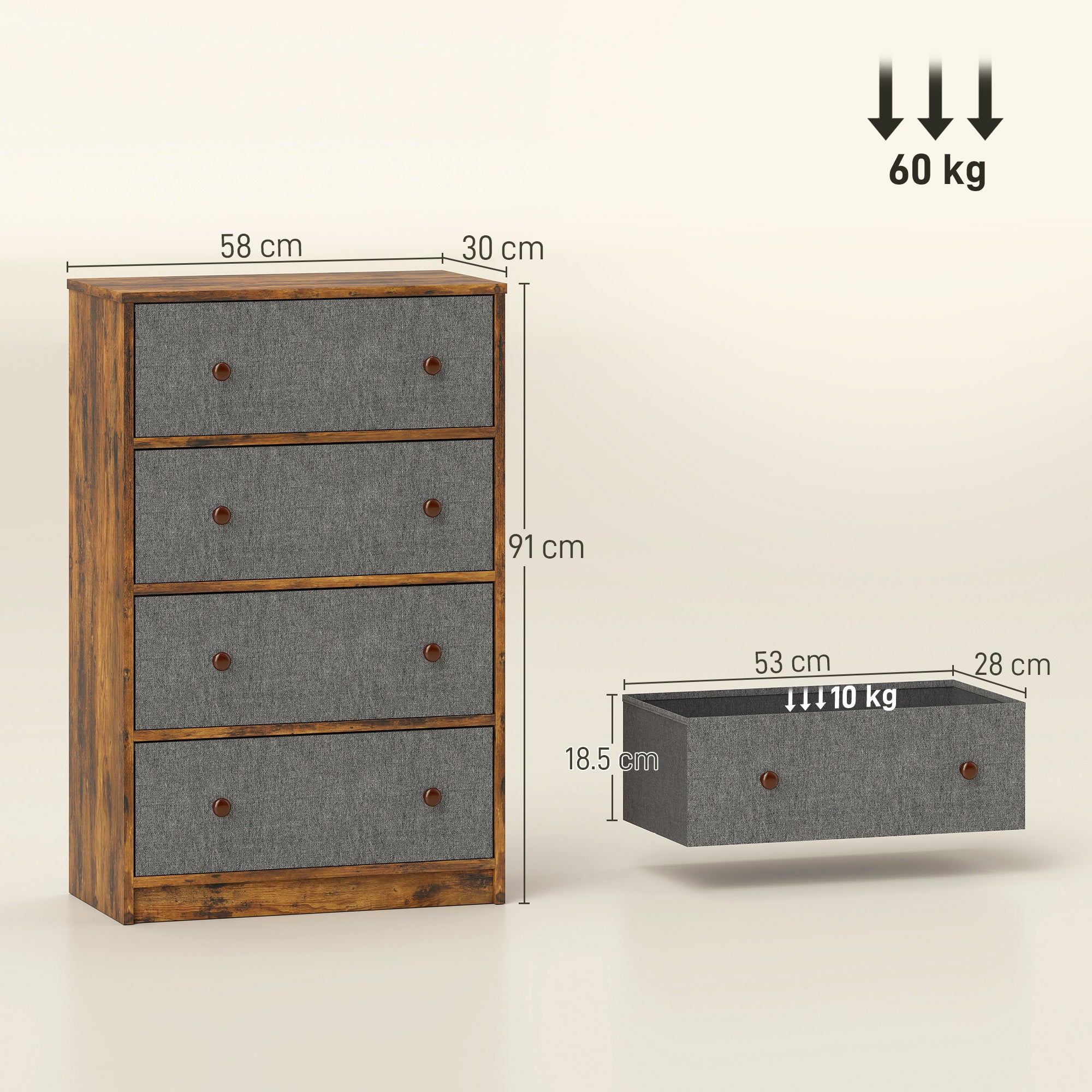 Chest of Drawers, Dresser with 4 Fabric Drawers - Grey and Rustic Brown