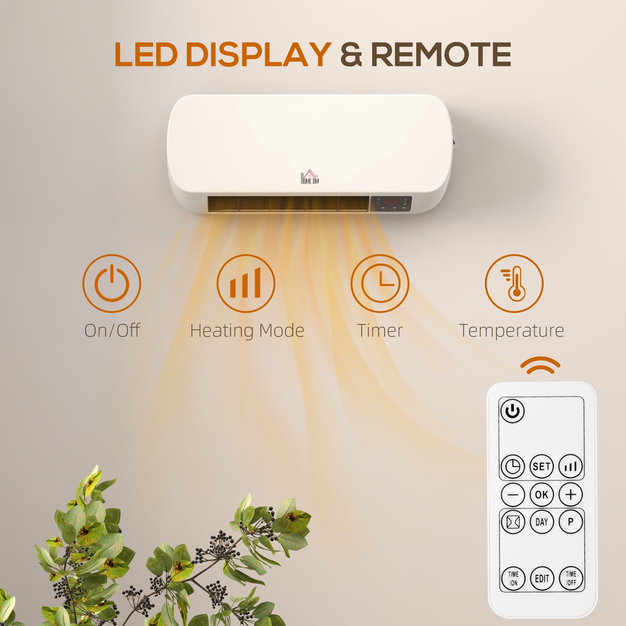 Fynco - 2000W Wall Mounted Ceramic Space Heater, 10-49°C Temperature, White