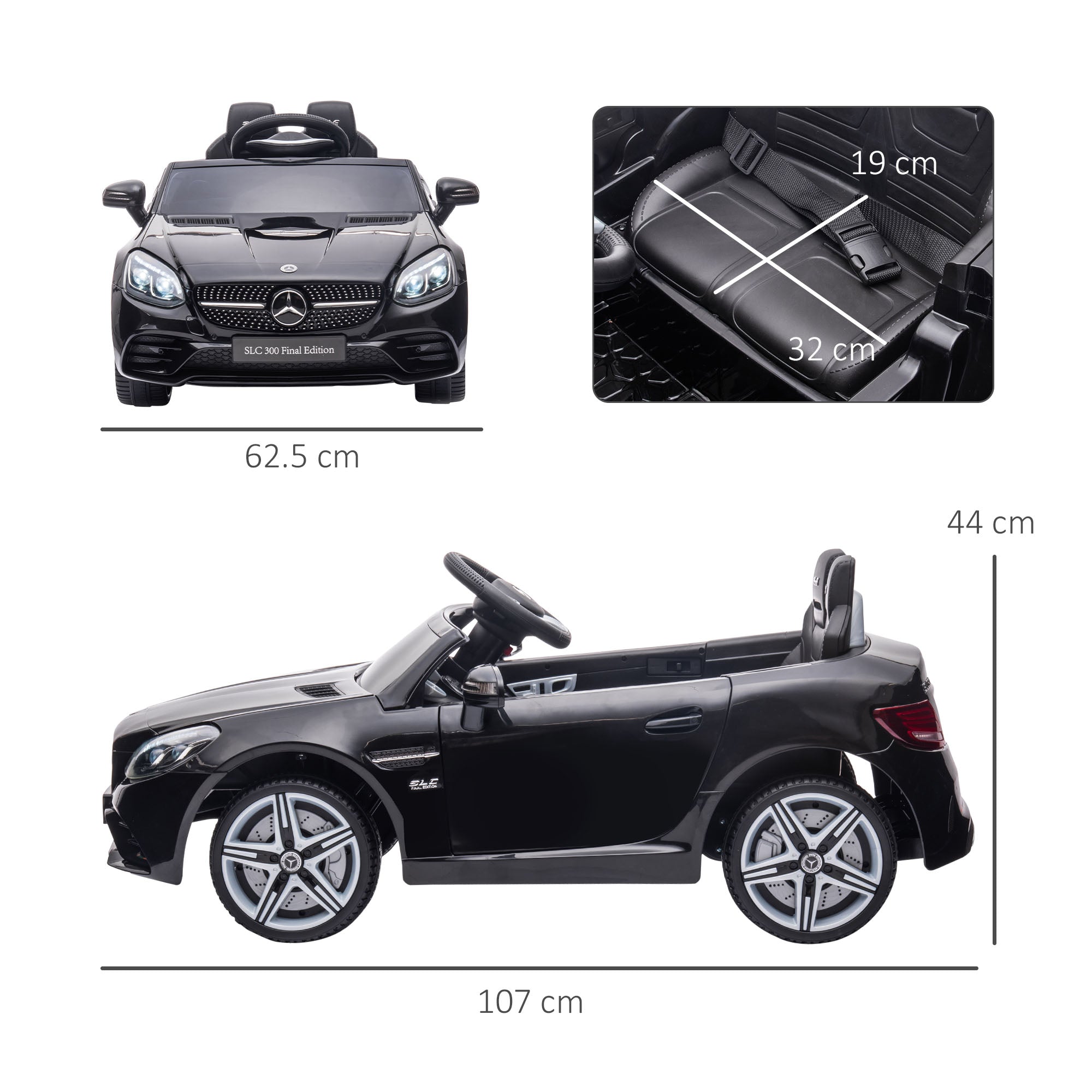 Benz SLC 300 Licensed 12V Kids Electric Ride On, with Music, Remote Control, LED Headlights, Horn, Black