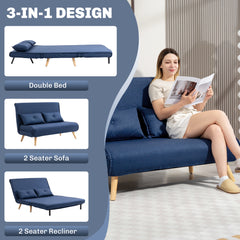 Two-Seater Linen-Look Sofa Bed - Dark Blue
