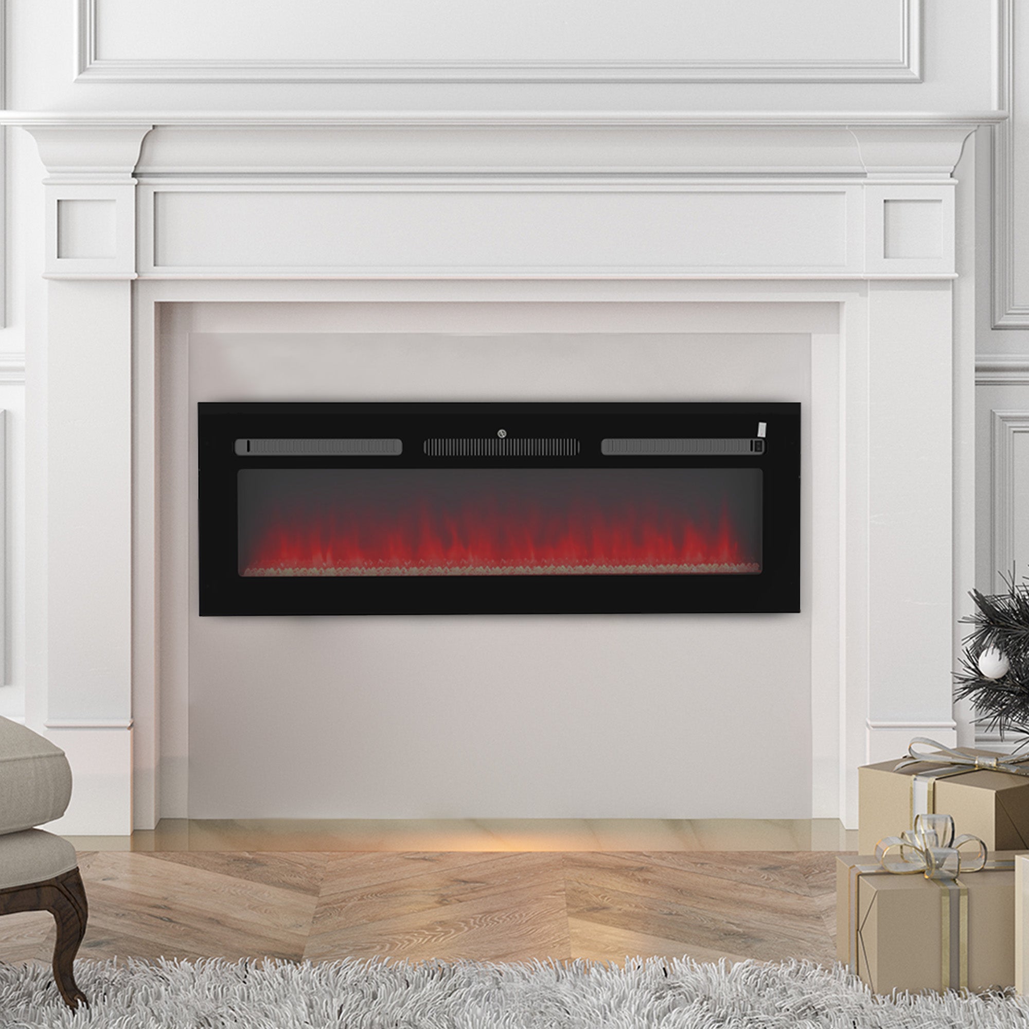 Fynco - 127cm/50" Electric Fireplace, 2000W Recessed and Wall Mounted Electric Fire with Remote Control, 9 Flame Colour and Crystal, Black