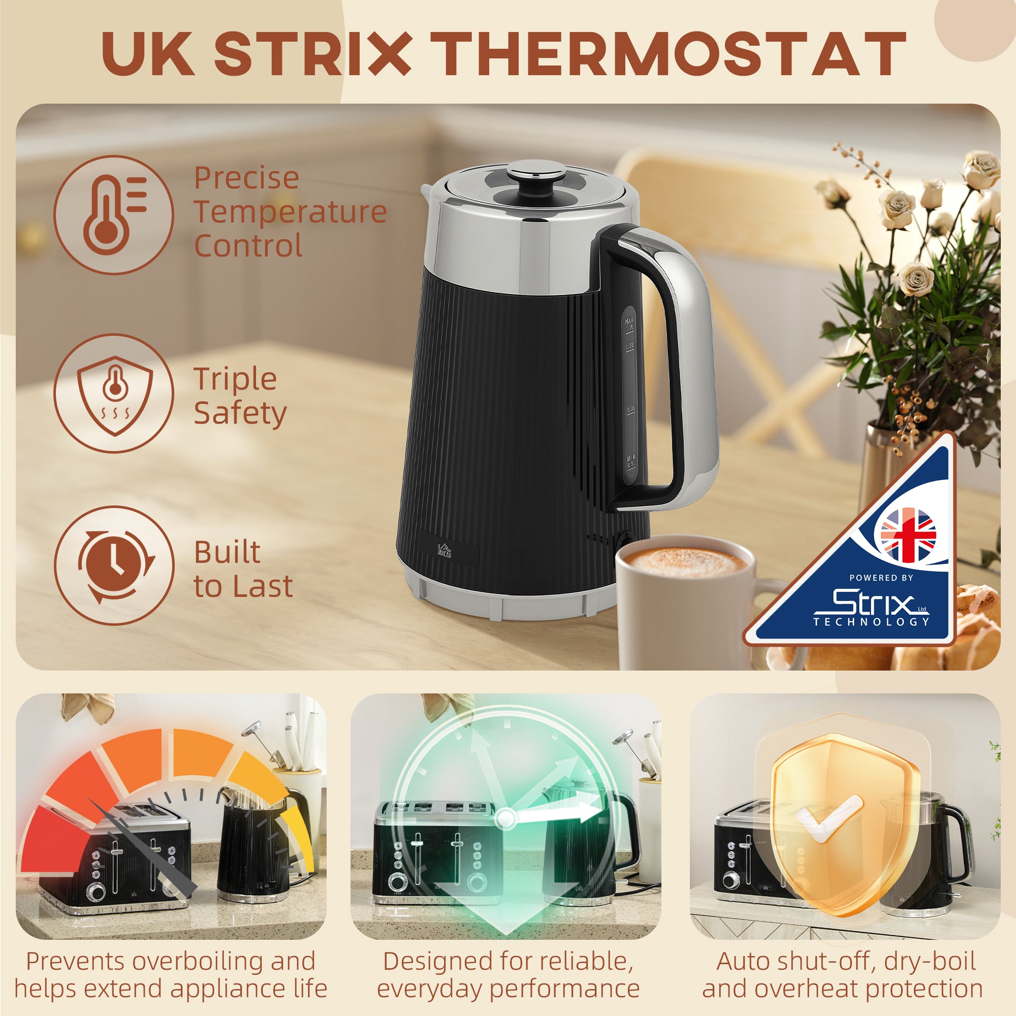 Electric Kettle and Toaster Set, 3000W 1.7L UK Strix Thermostat Rapid Boil Jug Kettle with Limescale Filter, Cool Touch Body, 4 Slice Toaster with 7 Browning Controls, Crumb Tray, Black