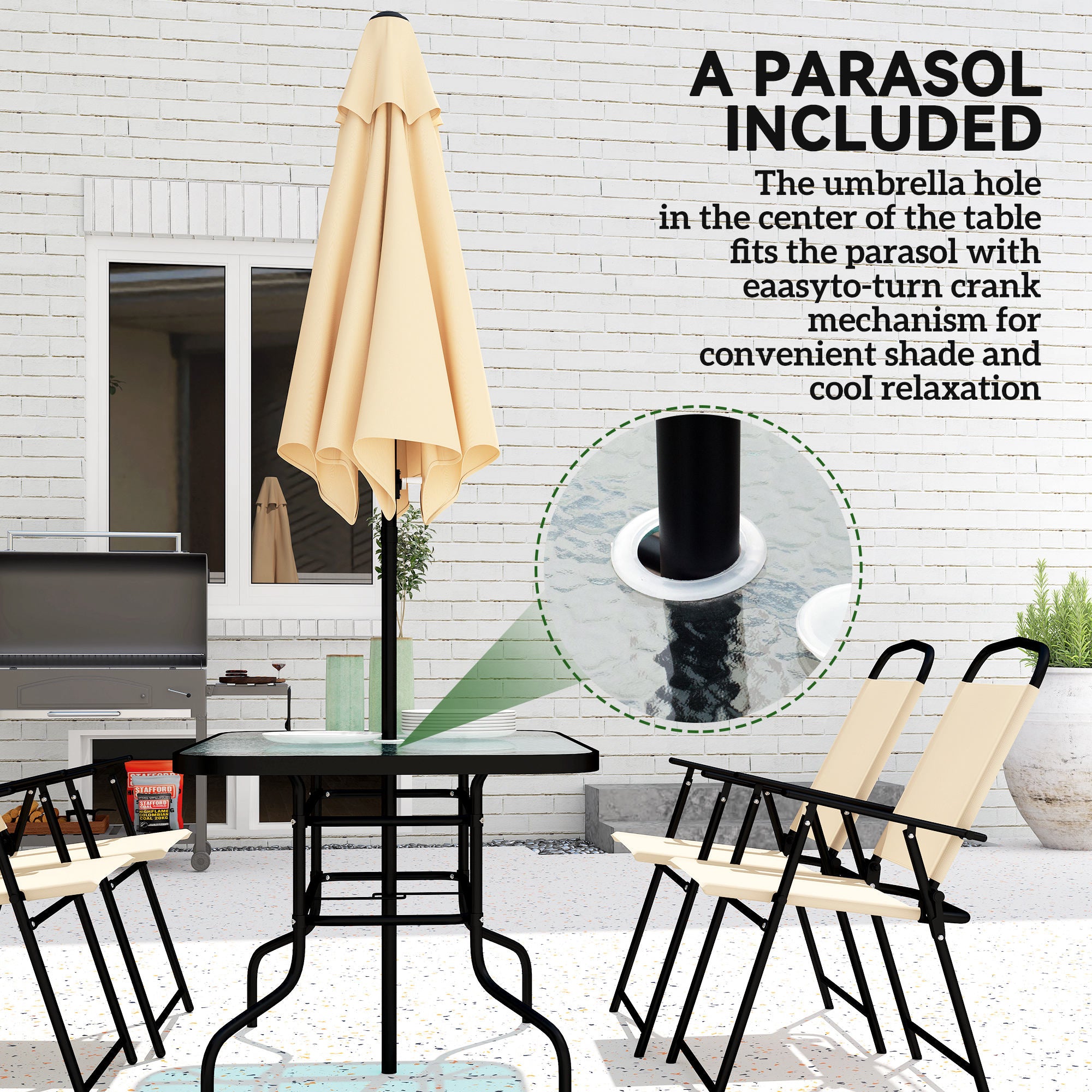 8 Pieces Garden Dining Set with Umbrella, Patio Sets with Parasol with 6 Foldable Chairs, Glass Top Table, and Sun Parasol, Beige