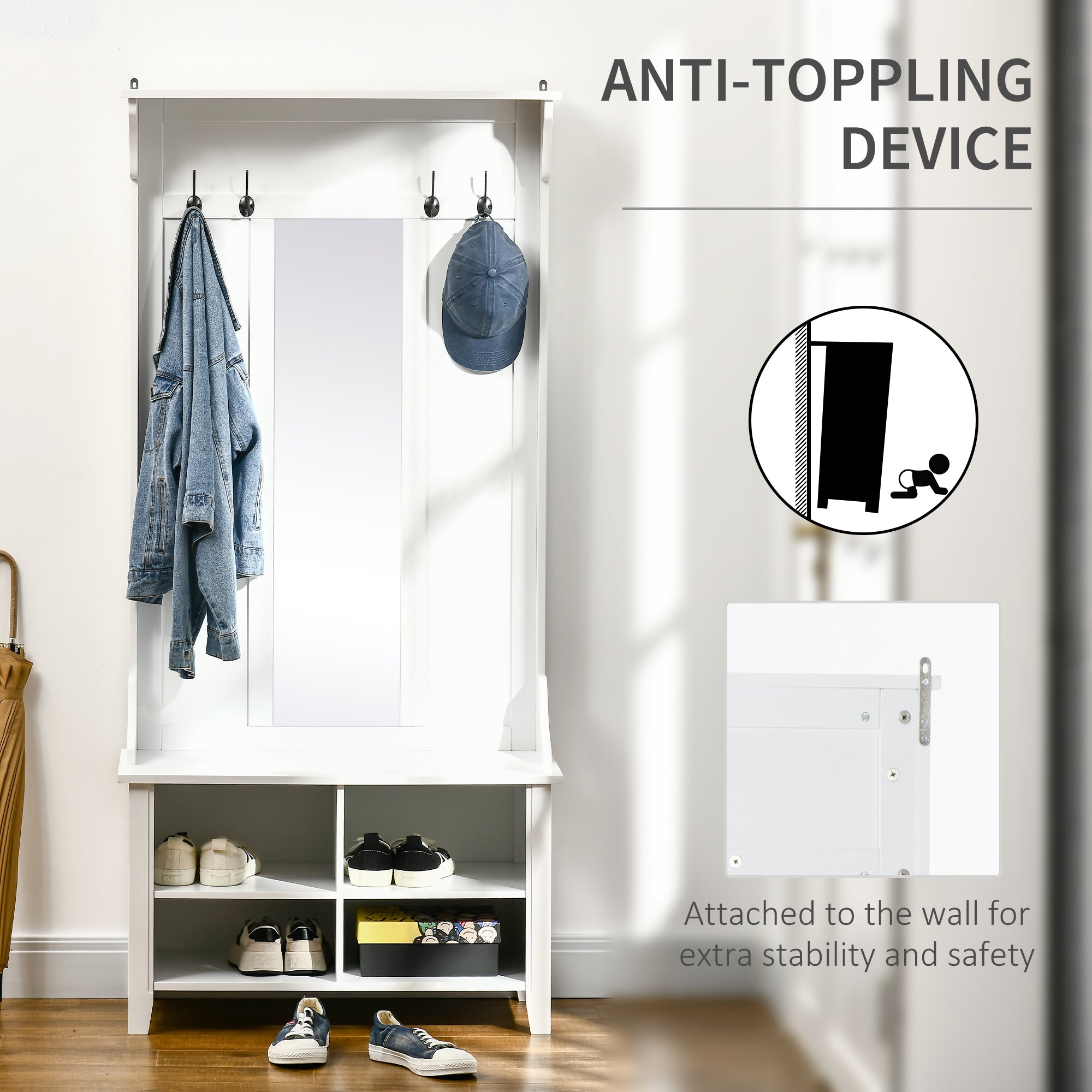 Hallway Furniture Set Shoe Bench Storage Mirror Cabinet Coat Rack Multiple Cubes Hangers Organiser Shelves w/ 4 Hooks