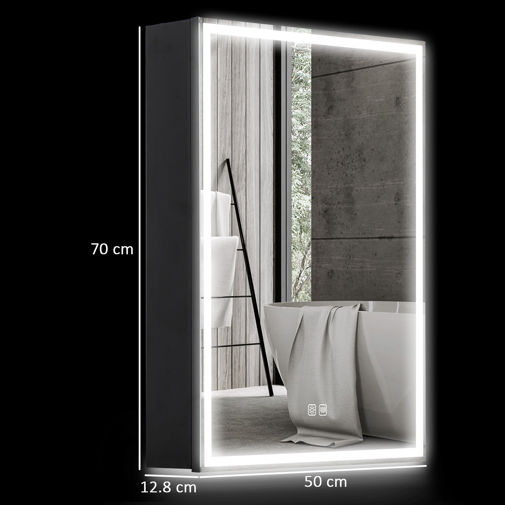 Bathroom Mirror Cabinet with LED Lights and Shaver Socket, 500 x 700 mm Wall Mounted Bathroom Cabinet with Mirror, Demister Pad, Dimmer, 3 Colours, Medicine Cabinet, Black