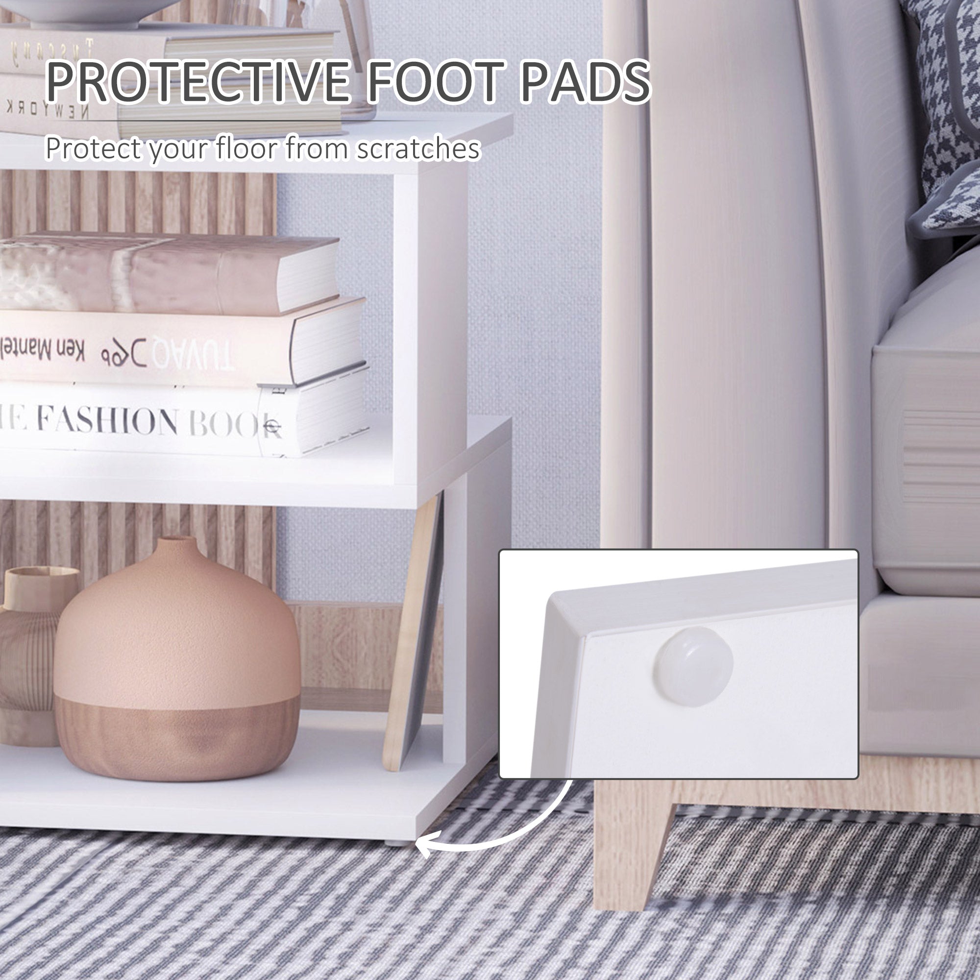 Set of 2 Side Table, Square Coffee Table, Modern End Table with 2 Tier Storage Shelves for Living Room, Bedroom, White