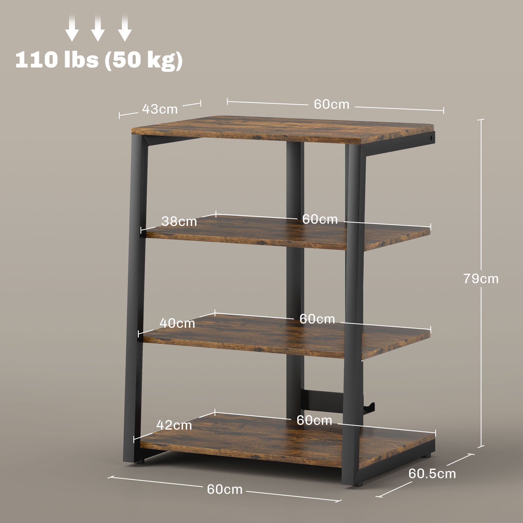 HiFi Stand, with Four Storage Shelves - Rustic Brown
