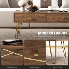 Coffee Table with Storage, Living Room Table with Drawers, Rectangular Tea Table with Steel Base for Home, 100 x 50 x 41 cm, Brown