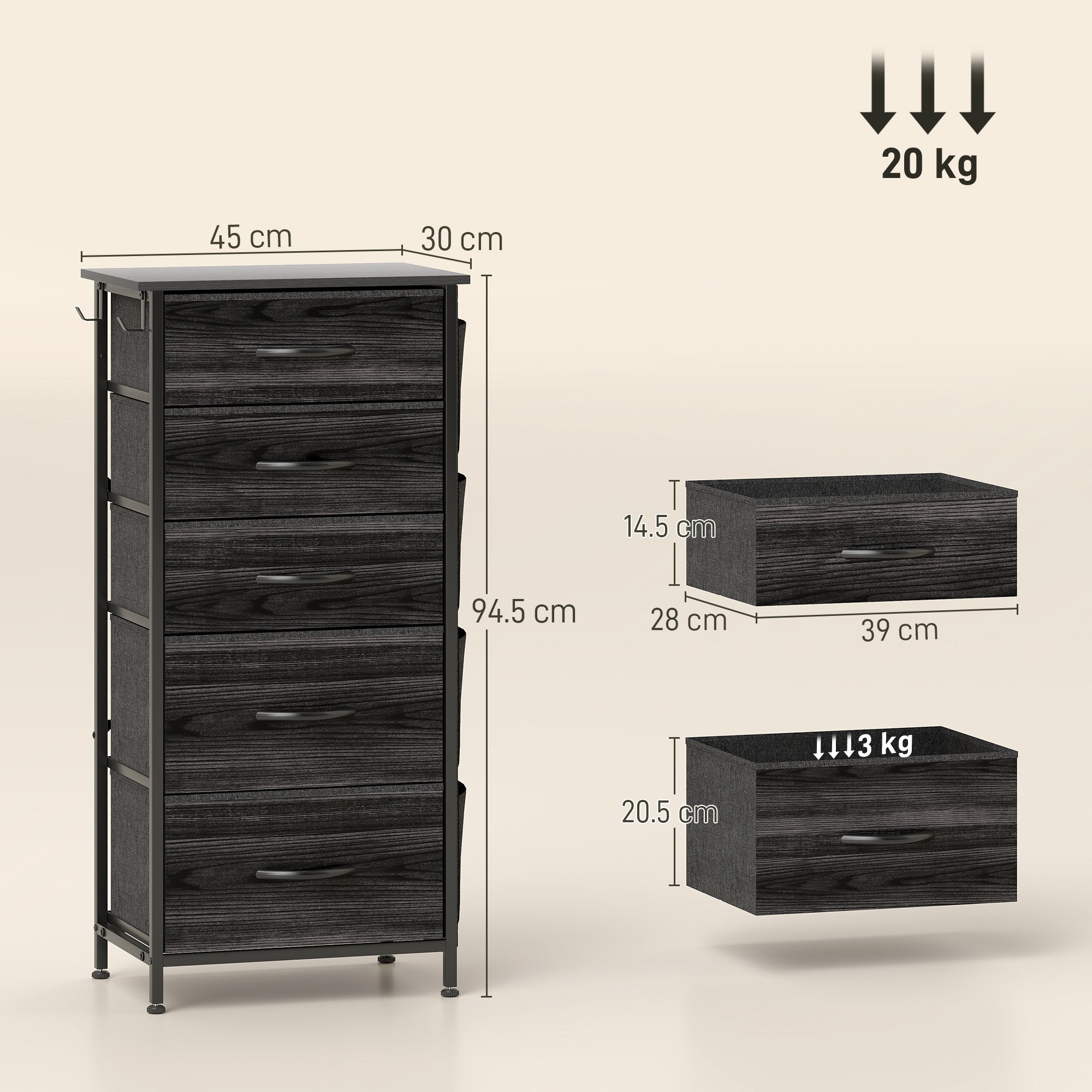 Chest of Five Fabric Drawers - Black
