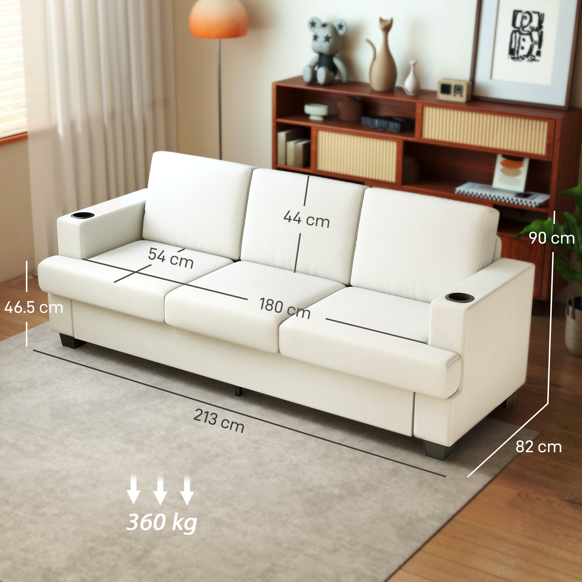 Fynco - 3 Seater Sofa with USB Ports & Cup Holders - Cream White