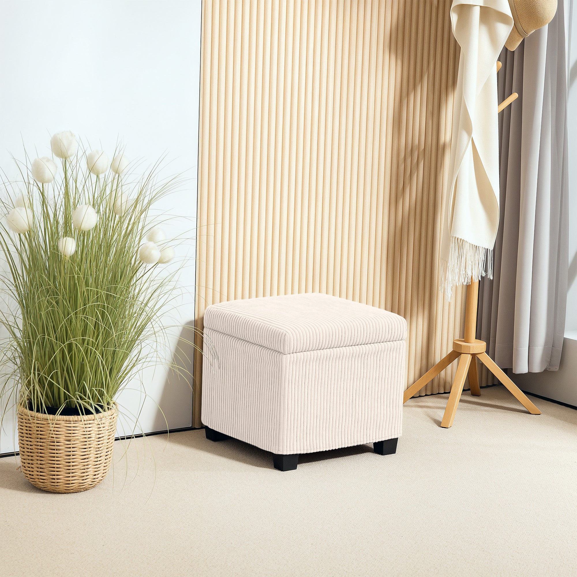 Storage Ottoman Bench, Corduroy Footstool with Removable Lid and Legs, 40cm Storage Chest Box for Living Room, Bedroom, Hallway, Beige